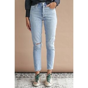 Agolde Jamie Jeans 27 Light Wash Blue High Rise Distressed Ripped Knee